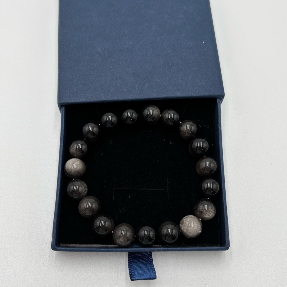 Natural Gemstone Round Bead Bracelet – Healing Silver Obsidian for Women & Men G